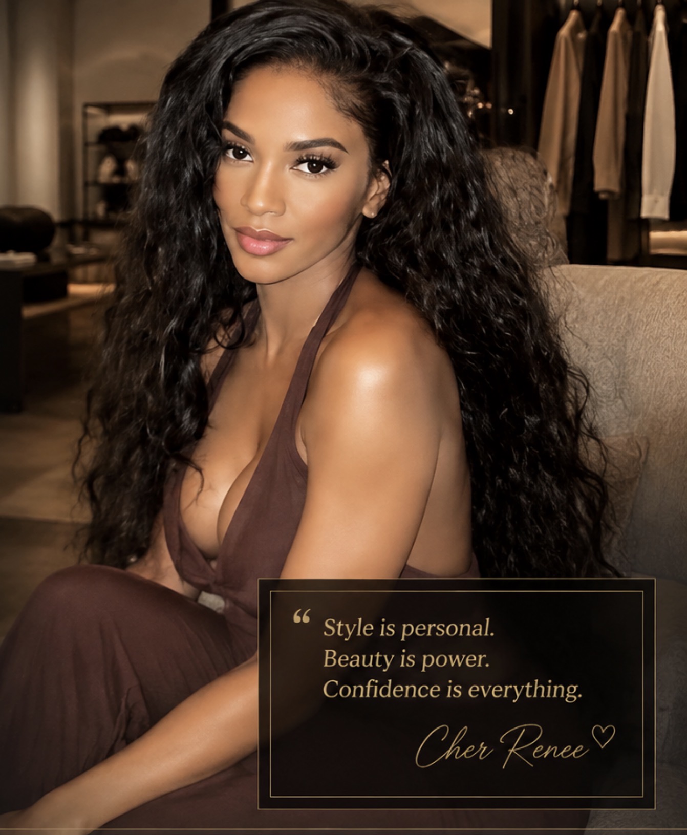 Cher Renee with her signature quote: Style is personal. Beauty is power. Confidence is everything.